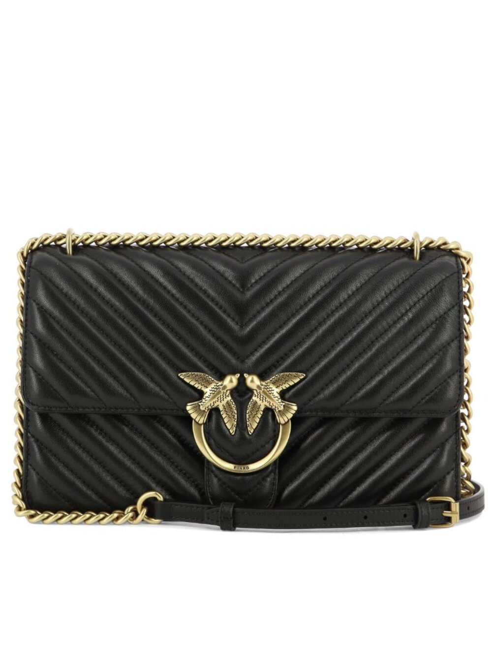 Pinko Love Bag One Chevron Medium Black Leather Shoulder Bag Gold NWT